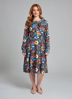 Rochie midi imprimeu floral mâneci lungi negru MARGOT femeie
