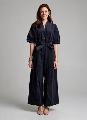 Salopetă-pantalon închidere cu nasturi pe față mâneci scurte albastru EMILYANDFIN femeie