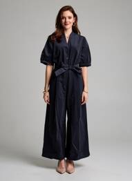 Salopetă-pantalon închidere cu nasturi pe față mâneci scurte albastru EMILYANDFIN femeie