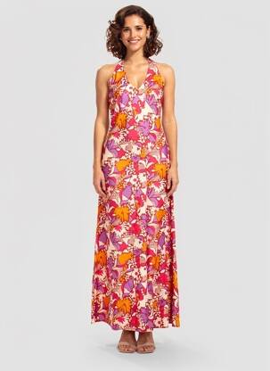 Rochie lungă imprimeu fantezie fără mâneci roz KALI YOG femeie