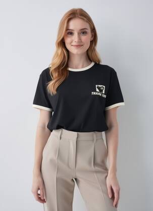 Tricou serigrafie mâneci scurte negru LOVE STORIES femeie