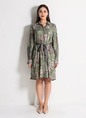 Rochie midi imprimeu floral mâneci lungi verde LAST QUEEN femeie