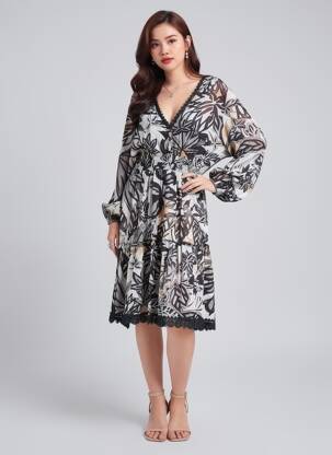 Rochie midi imprimeu floral mâneci lungi negru APRIL VINTAGE femeie