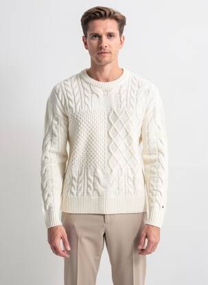 Pulover guler rotund mâneci lungi bej TOMMY HILFIGER bărbat