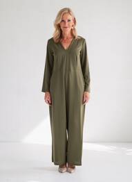 Salopetă-pantalon croială fluidă mâneci lungi verde SURKANA femme