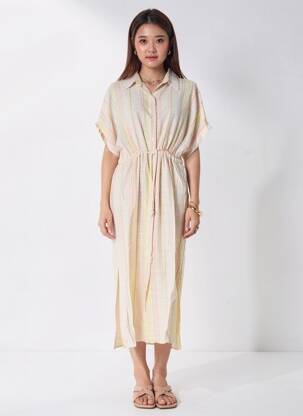 Rochie lungă imprimeu fantezie mâneci scurte bej ARTLOVE femeie