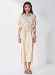 Rochie lungă imprimeu fantezie mâneci scurte bej ARTLOVE femeie