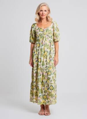 Rochie midi imprimeu fantezie mâneci scurte galben ANGE femeie
