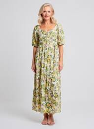 Rochie midi imprimeu fantezie mâneci scurte galben ANGE femeie
