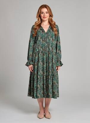 Rochie midi imprimeu fantezie mâneci lungi verde POMME ROUGE femeie