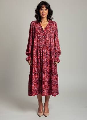 Rochie midi imprimeu fantezie mâneci lungi roșu POMME ROUGE femeie