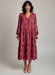 Rochie midi imprimeu fantezie mâneci lungi roșu POMME ROUGE femeie
