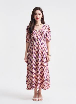 Rochie midi imprimeu fantezie mâneci scurte violet ICHI femeie