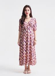 Rochie midi imprimeu fantezie mâneci scurte violet ICHI femeie