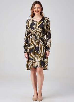 Rochie midi imprimeu fantezie mâneci lungi negru KAFFE femeie