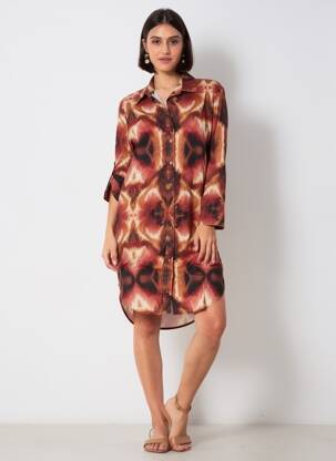 Rochie midi imprimeu fantezie mâneci lungi maro APRIL VINTAGE femeie
