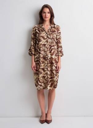 Rochie midi imprimeu fantezie mâneci lungi maro APRIL VINTAGE femeie