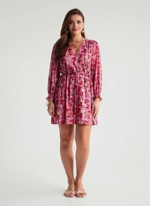 Rochie scurtă croială evazată mâneci lungi roz ARTLOVE femeie