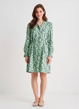 Rochie midi imprimeu fantezie mâneci lungi verde ICHI femeie