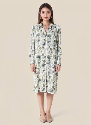 Rochie midi croială fluidă mâneci lungi verde HUBLOT femeie