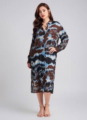 Rochie midi croială fluidă mâneci lungi maro KAFFE femeie