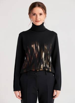Pulover cu guler înalt croială cambrată mâneci lungi negru COULEURS DU TEMPS femeie