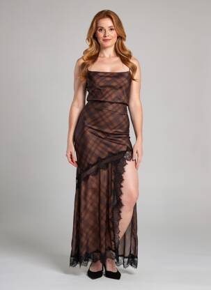 Rochie lungă imprimeu fantezie fără mâneci maro LUMINA femme