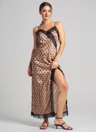 Rochie lungă croială cambrată bretele subțiri maro LUMINA femme