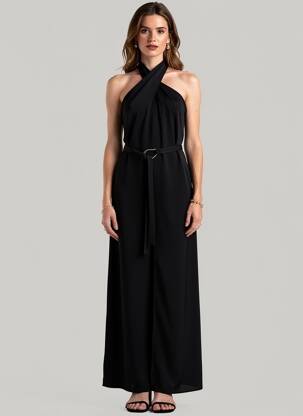 Salopetă-pantalon țesătură crep bretele subțiri negru LUMINA femeie