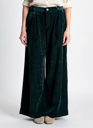Pantalon larg închidere cu fermoar sub clapetă cu nasturi talie înaltă verde LUMINA femeie