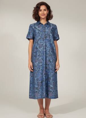 Rochie midi imprimeu fantezie mâneci scurte albastru ATIAN femeie