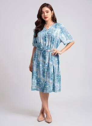Rochie midi imprimeu fantezie mâneci scurte albastru GUY DUBOUIS femeie