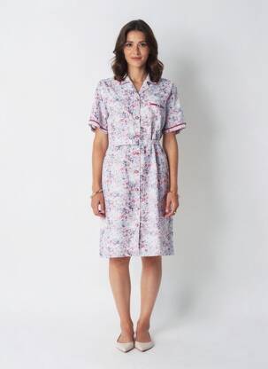 Rochie midi imprimeu fantezie mâneci scurte alb GUY DUBOUIS femeie