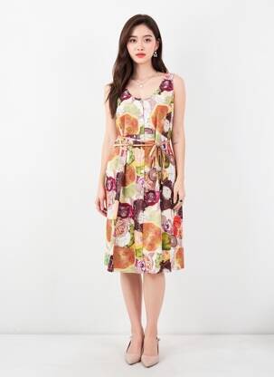 Rochie midi imprimeu fantezie fără mâneci portocalie GEVANA femeie