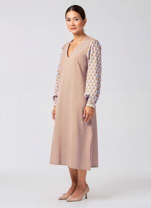 Rochie midi imprimeu fantezie mâneci lungi maro NIU femeie