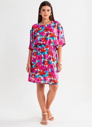 Rochie midi imprimeu fantezie mâneci scurte roz LILI SIDONIO femeie