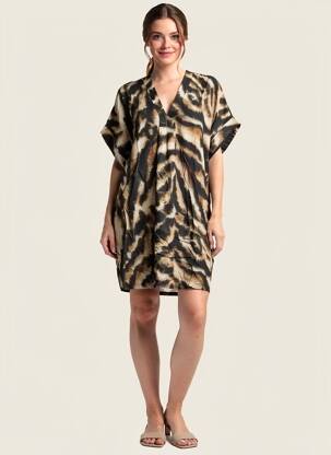Rochie scurtă croială fluidă mâneci scurte maro PLEASE femeie