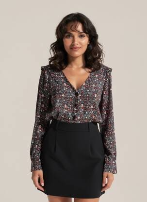 Cămașă imprimeu floral mâneci lungi negru C'EST BEAU LA VIE femeie