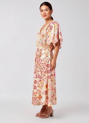 Rochie lungă țesătură poplin mâneci scurte bej C'EST BEAU LA VIE femeie