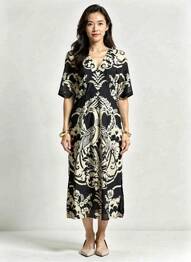 Rochie lungă imprimeu fantezie mâneci scurte negru JULIE GUERLANDE femme