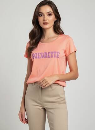 Tricou serigrafie mâneci scurte portocalie C'EST BEAU LA VIE femeie