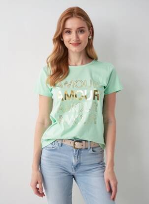 Tricou serigrafie mâneci scurte verde C'EST BEAU LA VIE femeie