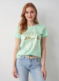 Tricou serigrafie mâneci scurte verde C'EST BEAU LA VIE femme
