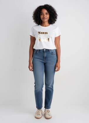Tricou serigrafie mâneci scurte bej C'EST BEAU LA VIE femeie