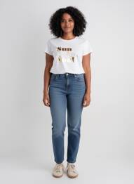Tricou serigrafie mâneci scurte bej C'EST BEAU LA VIE femeie