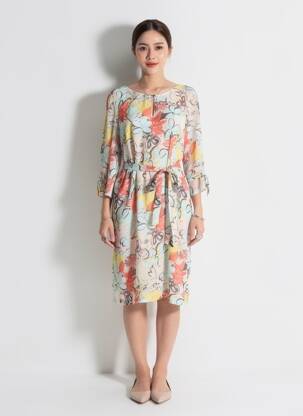 Rochie midi imprimeu fantezie mâneci lungi albastru REVER MILE femeie