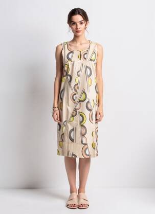 Rochie midi imprimeu fantezie fără mâneci bej JEAN DELFIN femme
