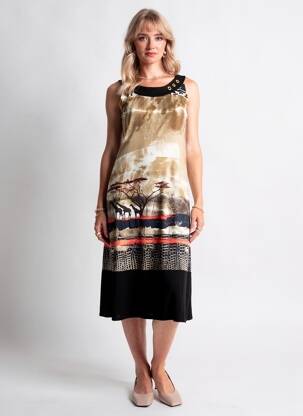 Rochie midi imprimeu fantezie fără mâneci negru GEVANA femeie