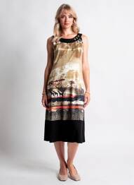 Rochie midi imprimeu fantezie fără mâneci negru GEVANA femme
