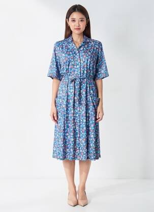 Rochie midi imprimeu floral mâneci scurte albastru FRANCE RIVOIRE femeie